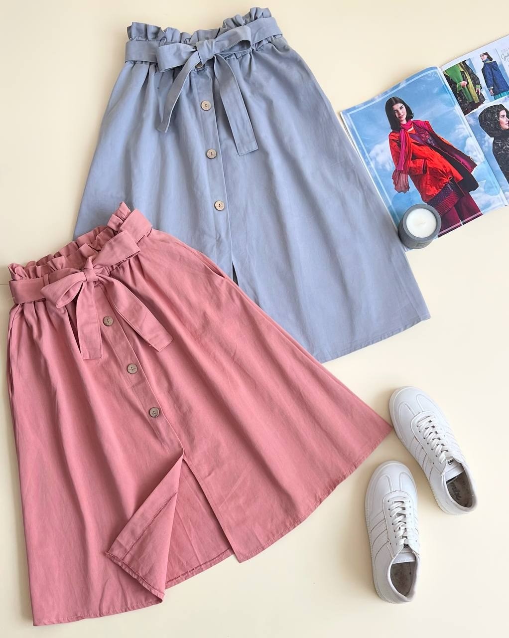 دامن کتان دکمه چوبی کد 2019