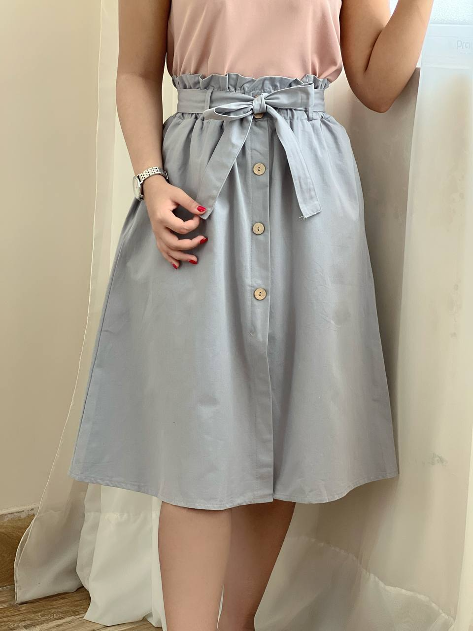 دامن کتان دکمه چوبی کد 2019