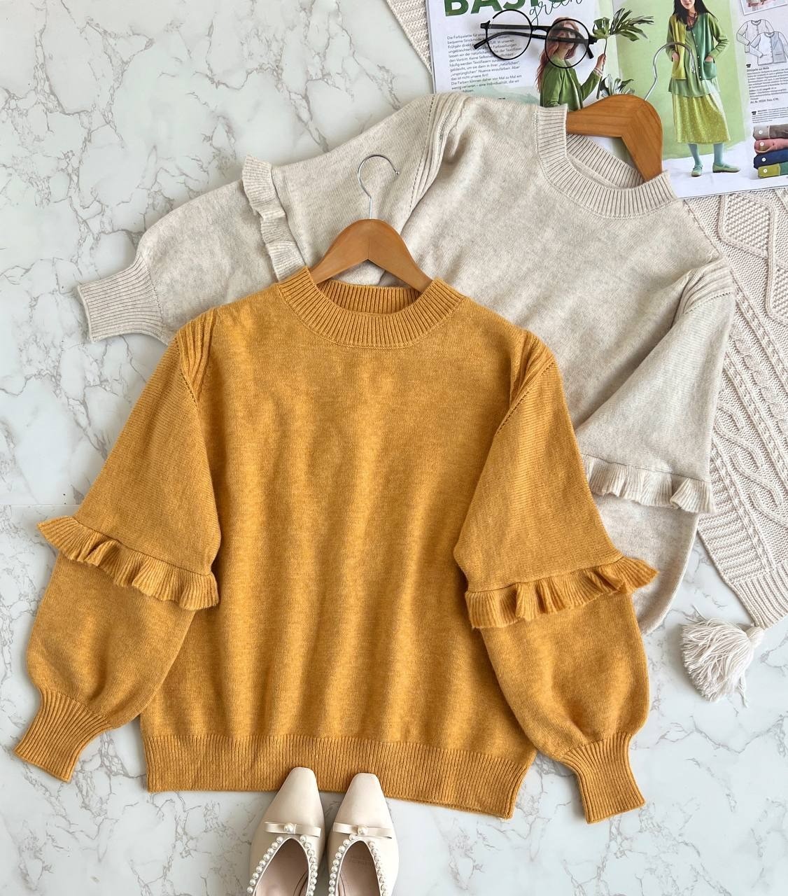 پلیور بافت آستین پف چین دار کد 2089