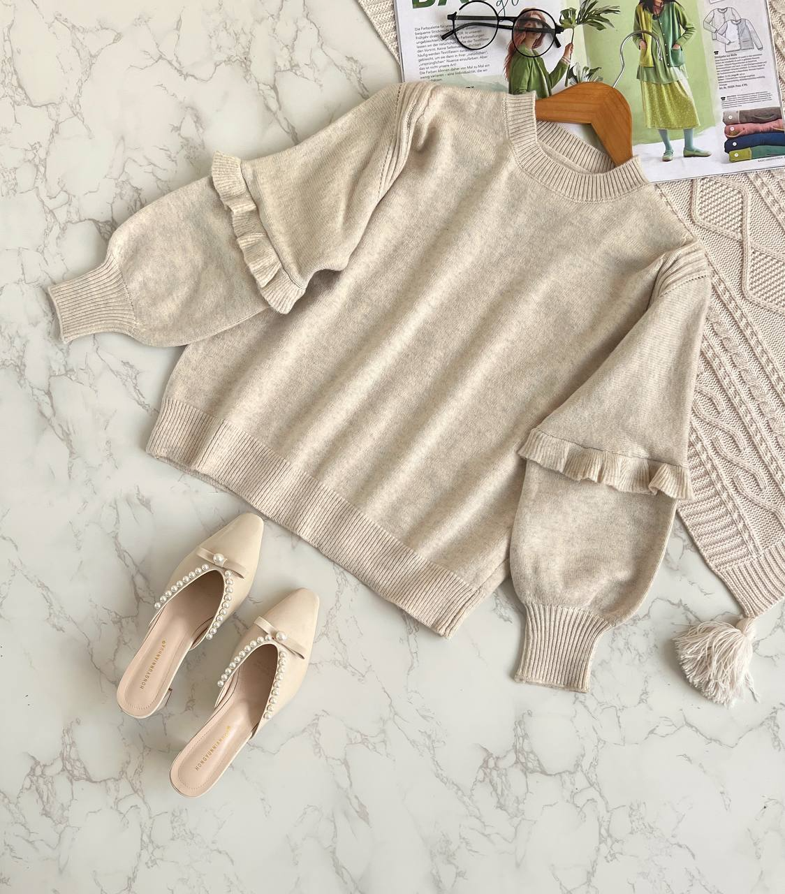 پلیور بافت آستین پف چین دار کد 2089