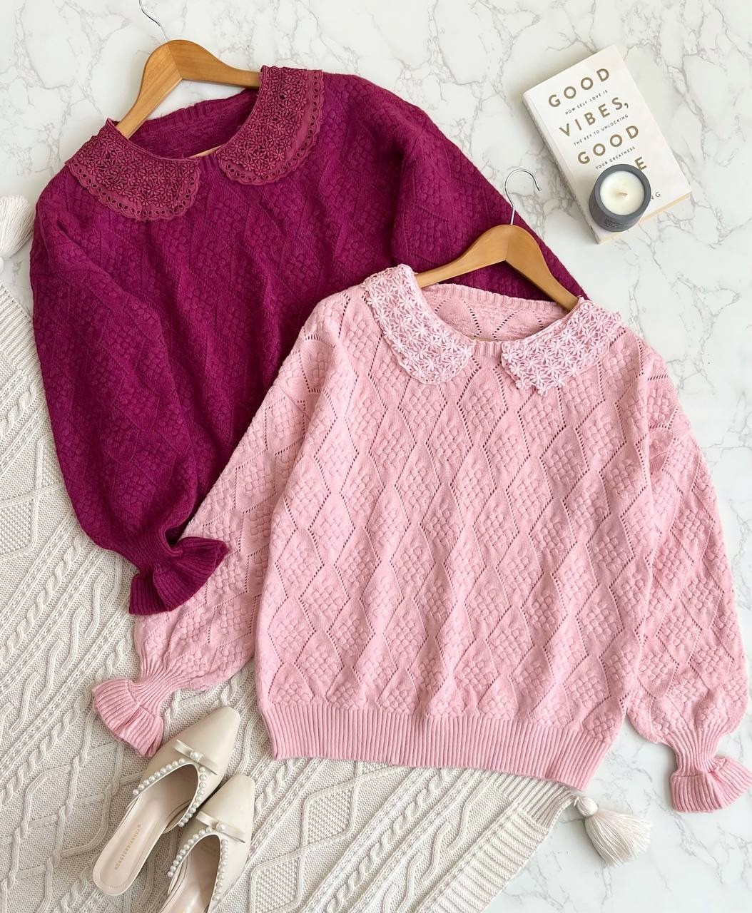 پلیور بافت یقه گیپور و خامه دوزی کد 2093