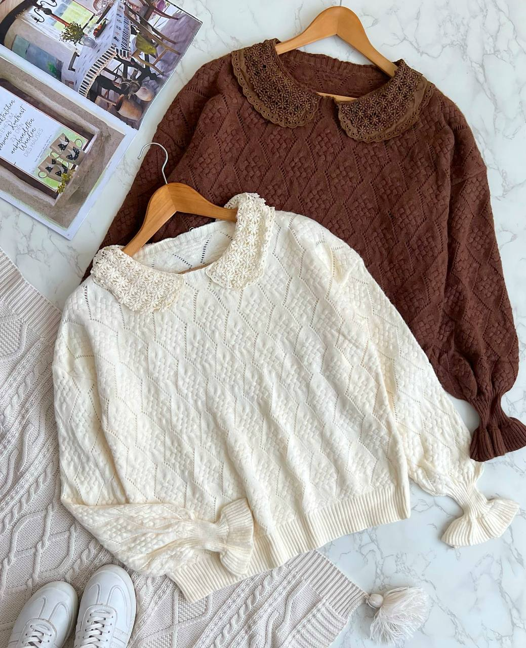 پلیور بافت یقه گیپور و خامه دوزی کد 2093