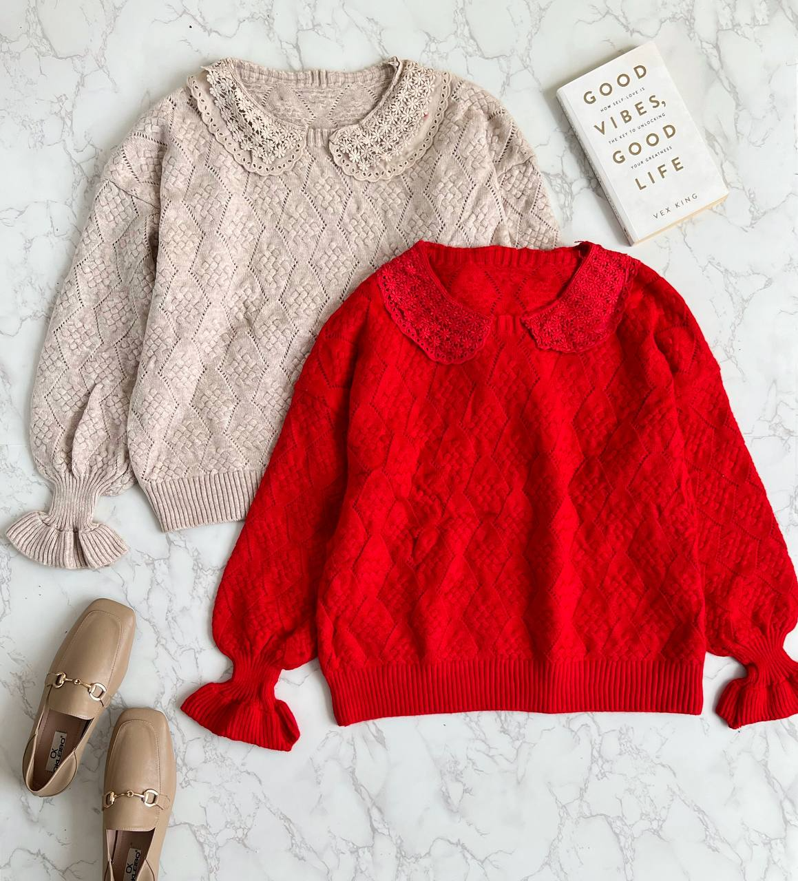 پلیور بافت یقه گیپور و خامه دوزی کد 2093