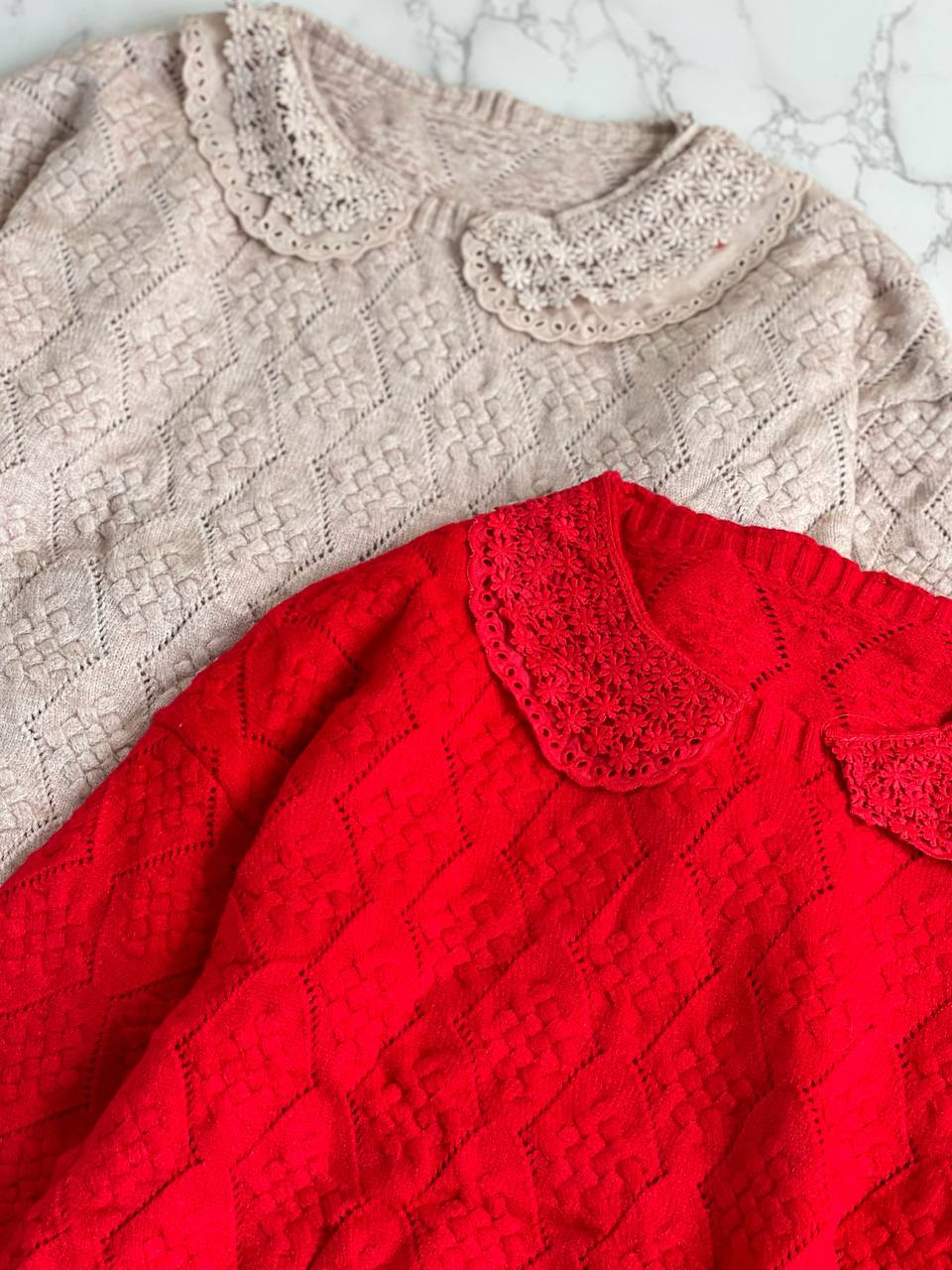 پلیور بافت یقه گیپور و خامه دوزی کد 2093