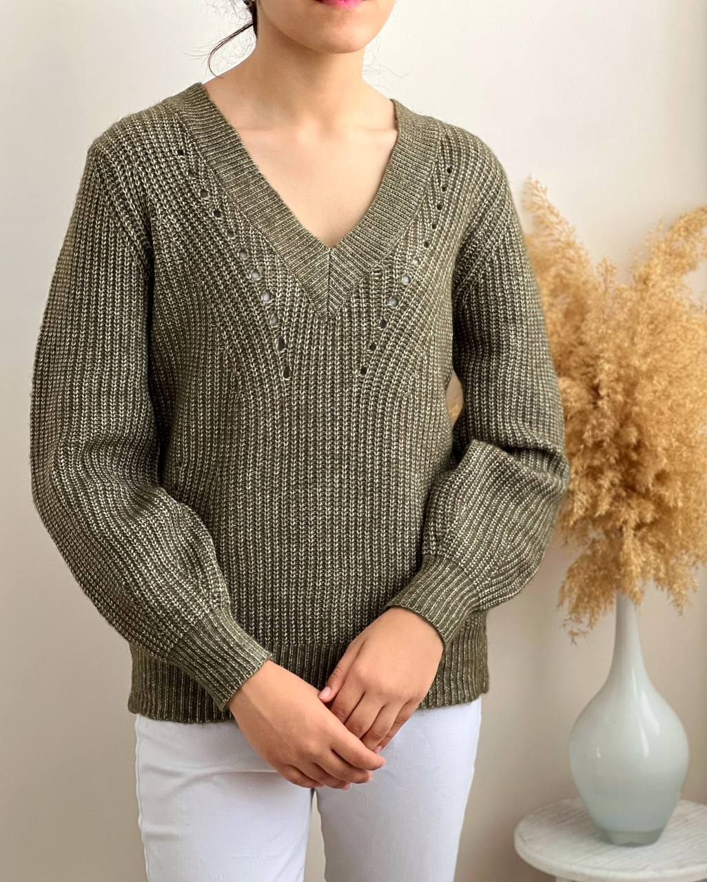 پلیور بافت یقه هفت آستین پف کد 2129