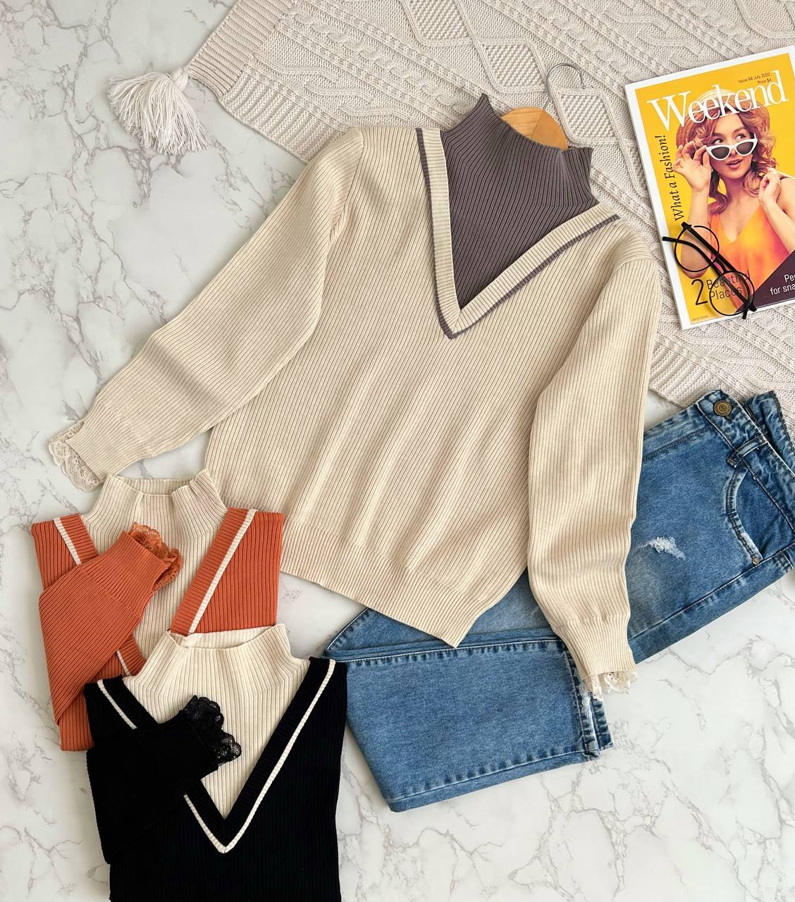 پلیور بافت سر آستین تور کد 2148