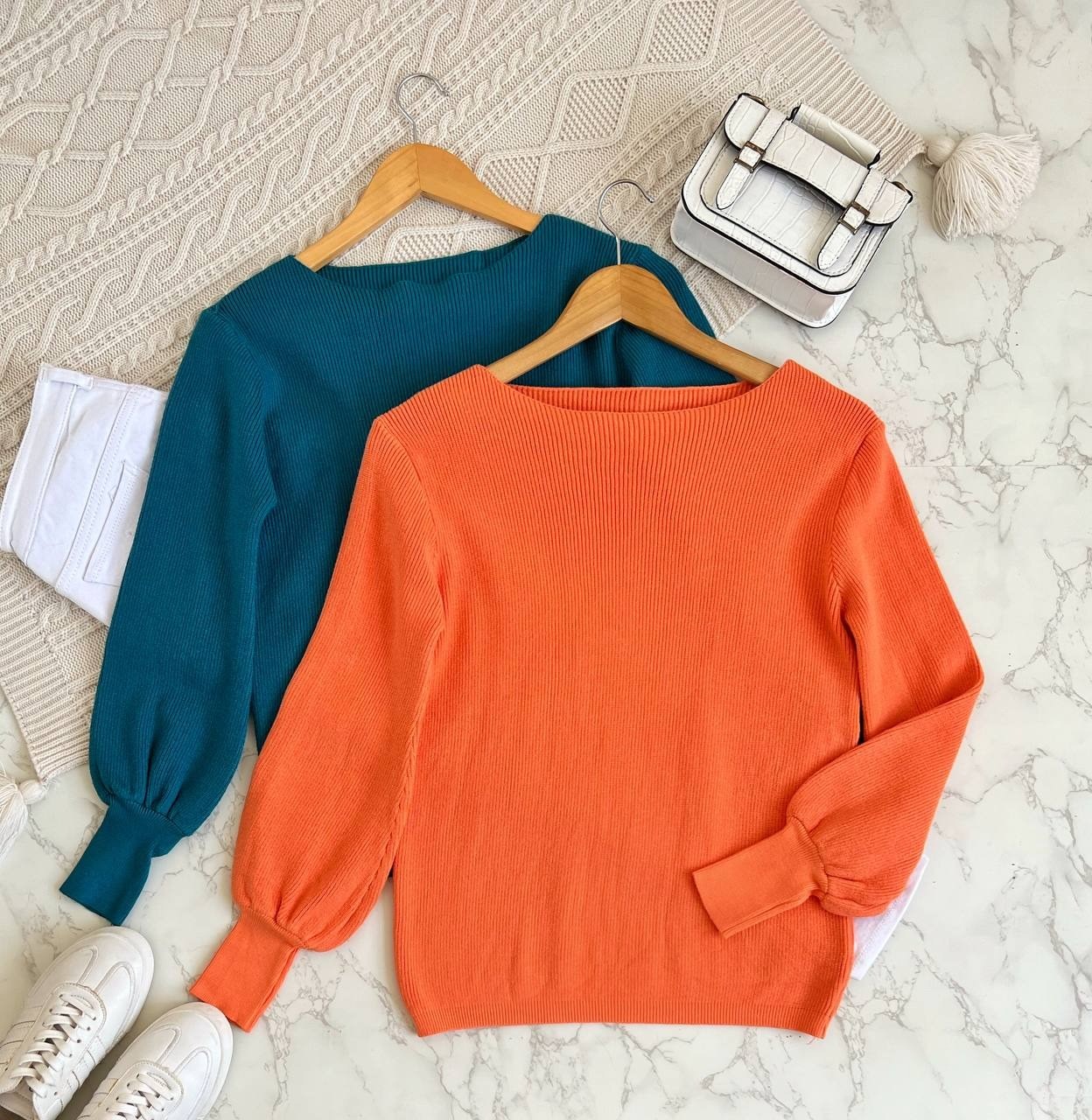 پلیور بافت آستین پف دو رنگ کد 2201