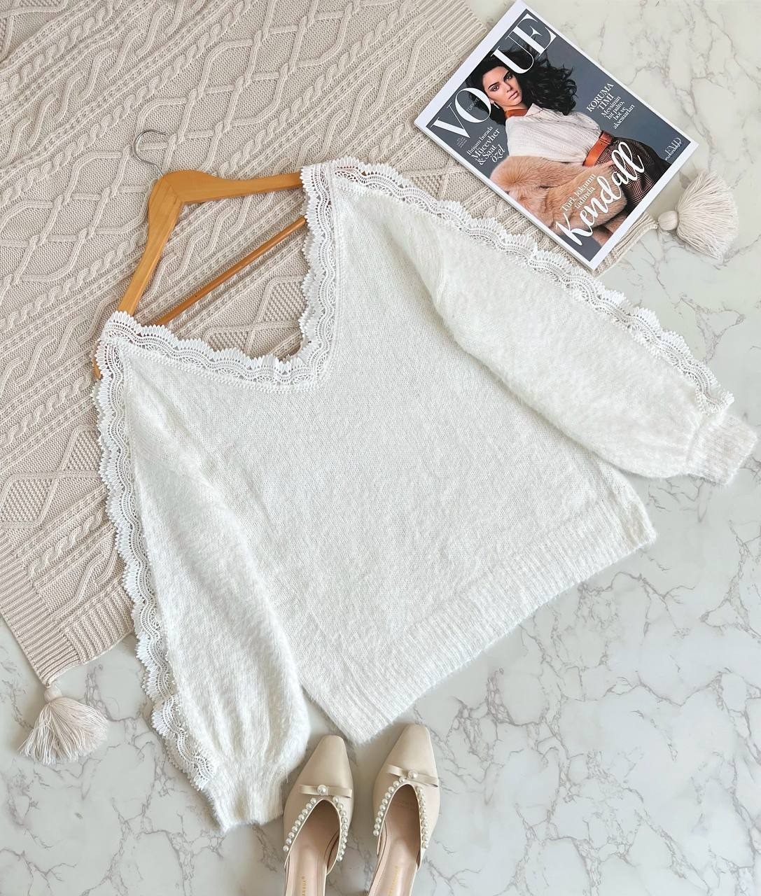 پلیور بافت موهر دار گیپور دار کد 2218