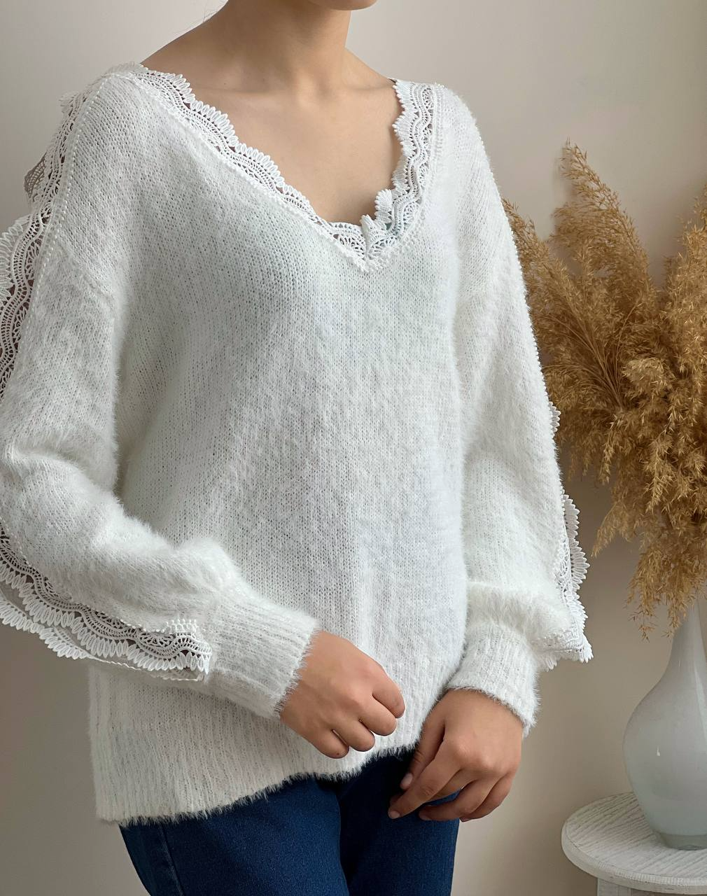 پلیور بافت موهر دار گیپور دار کد 2218