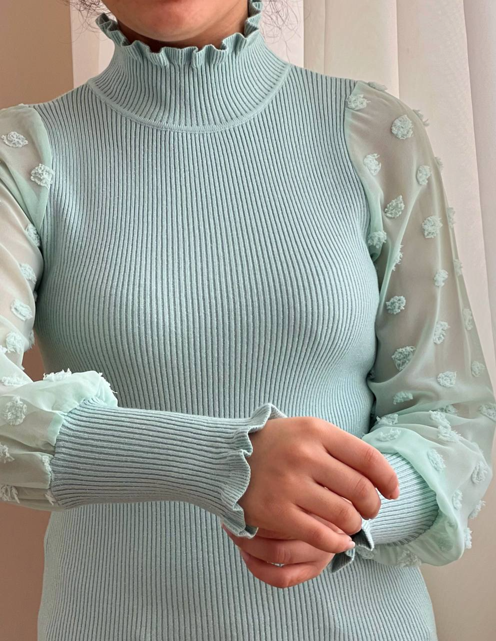 پلیور بافت لمه دار آستین پوم پوم کد 2258