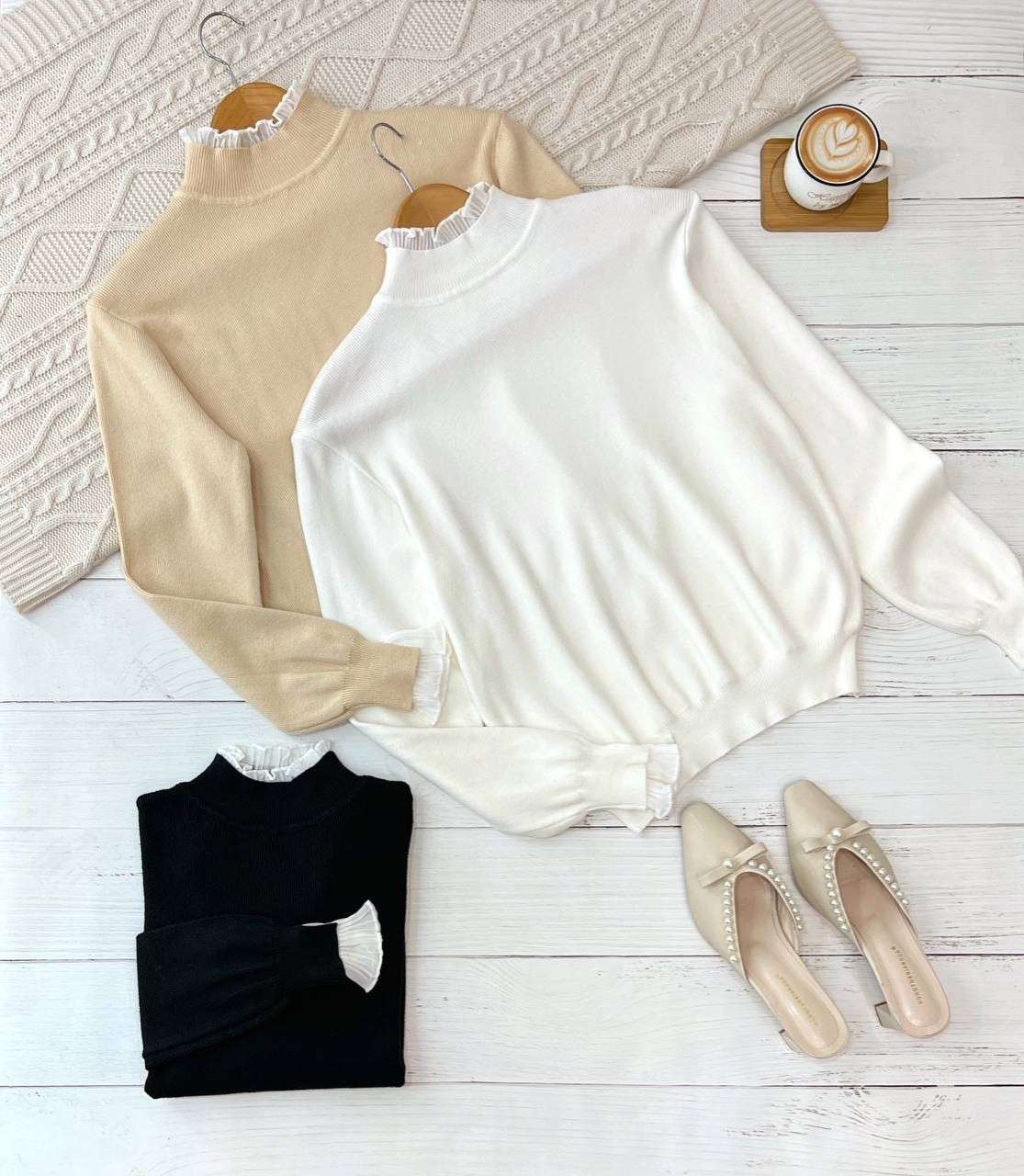 پلیور بافت یقه و سر آستین چین سه رنگ کد 2260