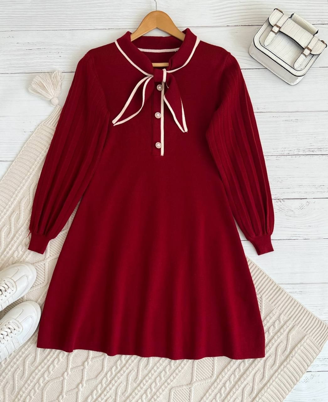 پیراهن بافت یقه پاپیون زرشکی کد 2283