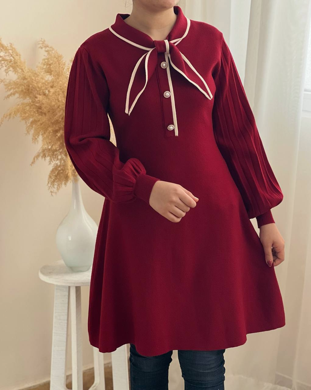 پیراهن بافت یقه پاپیون زرشکی کد 2283