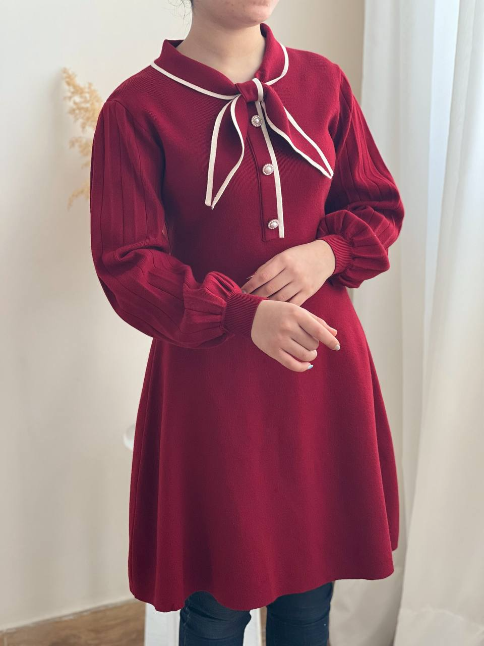 پیراهن بافت یقه پاپیون زرشکی کد 2283