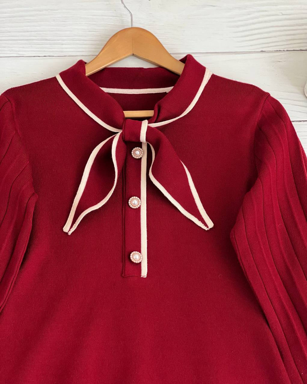 پیراهن بافت یقه پاپیون زرشکی کد 2283