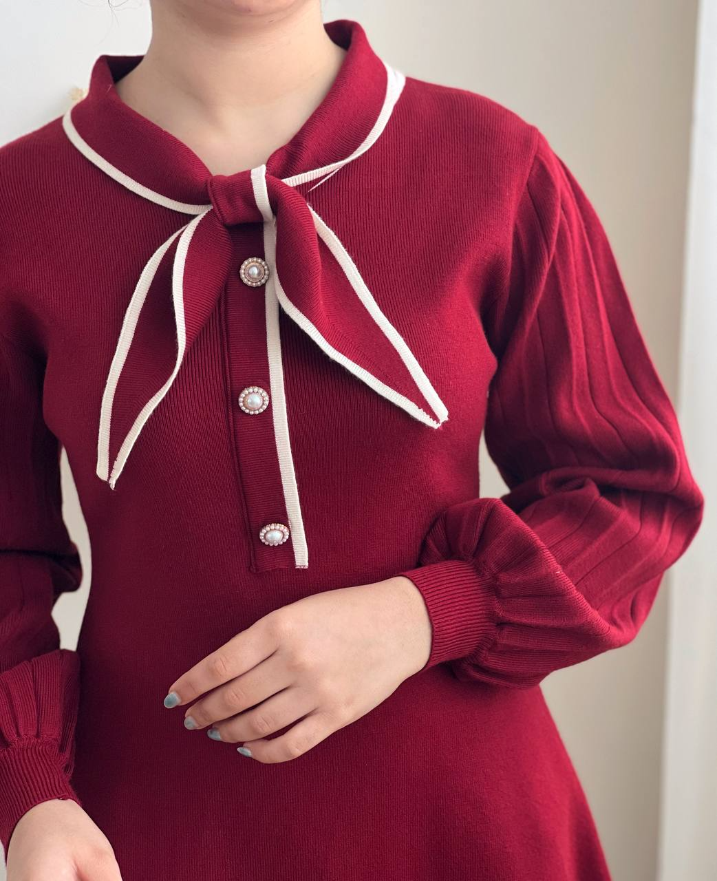 پیراهن بافت یقه پاپیون زرشکی کد 2283