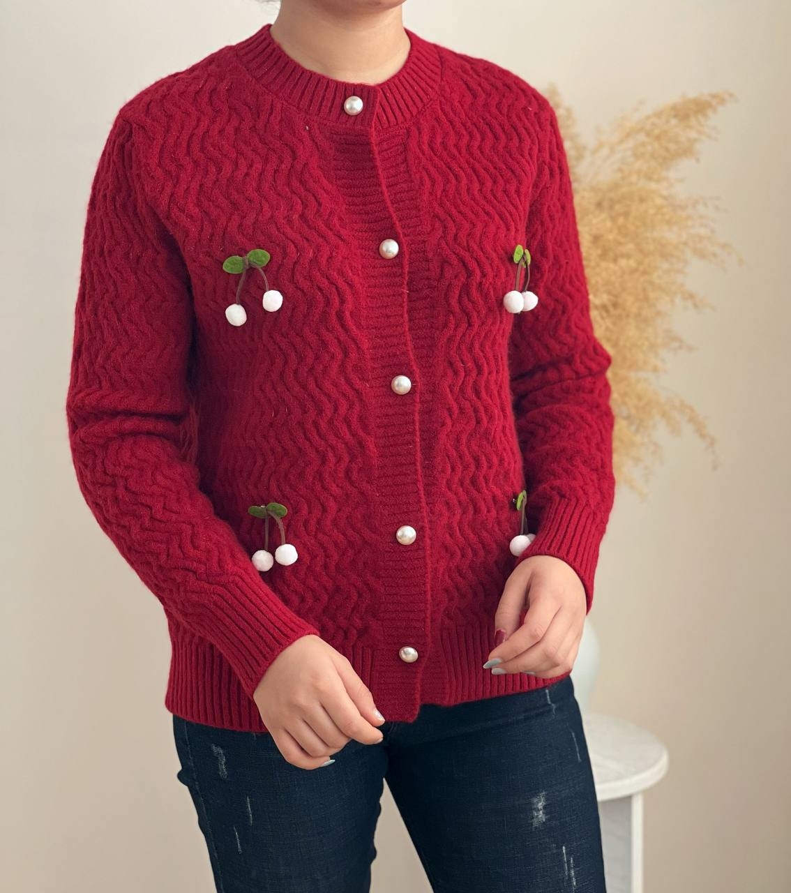 ژاکت بافت آلبالویی اکلیل دار کد 2296