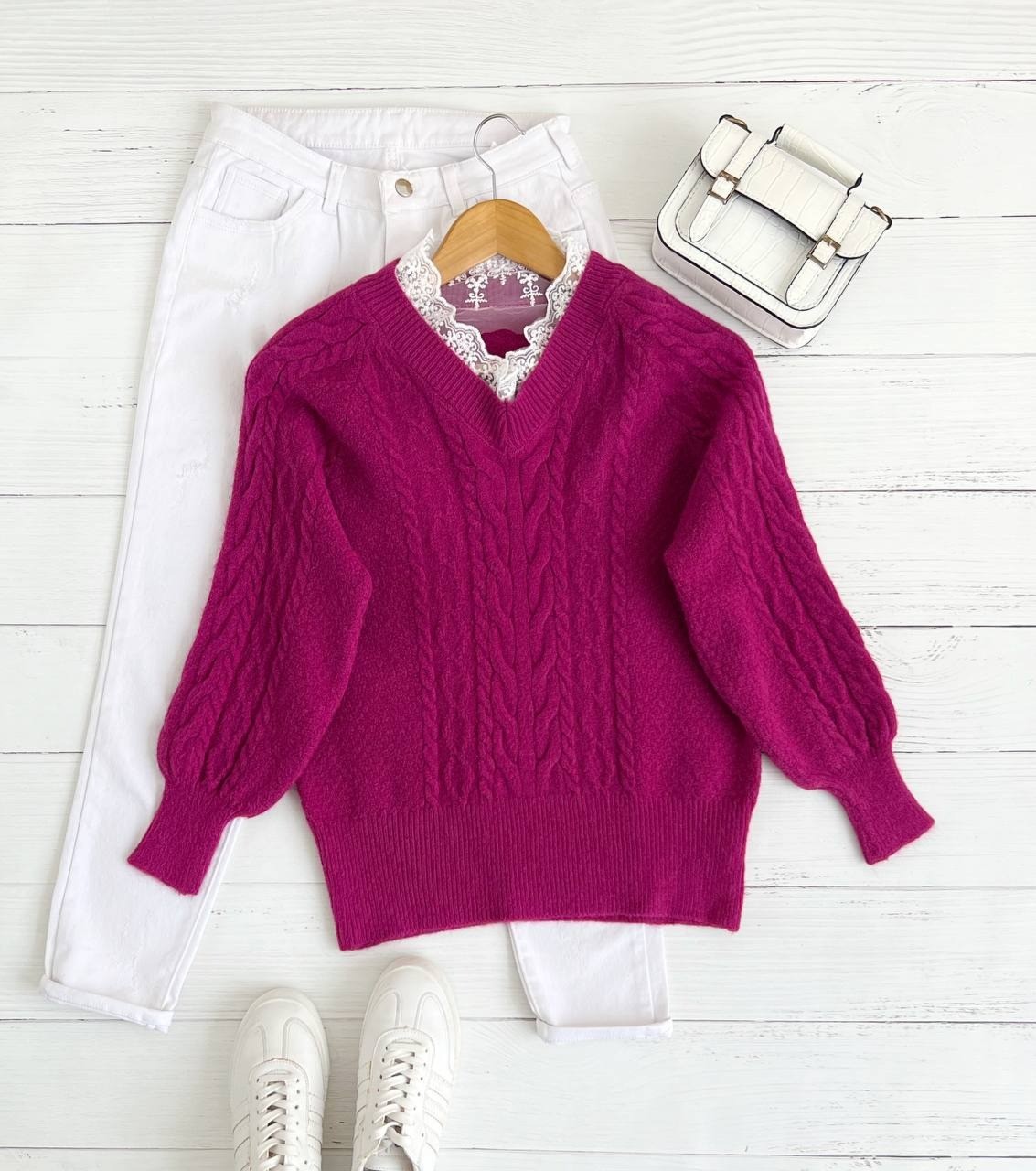 پلیور بافت زنجیری یقه گیپور کد 2299