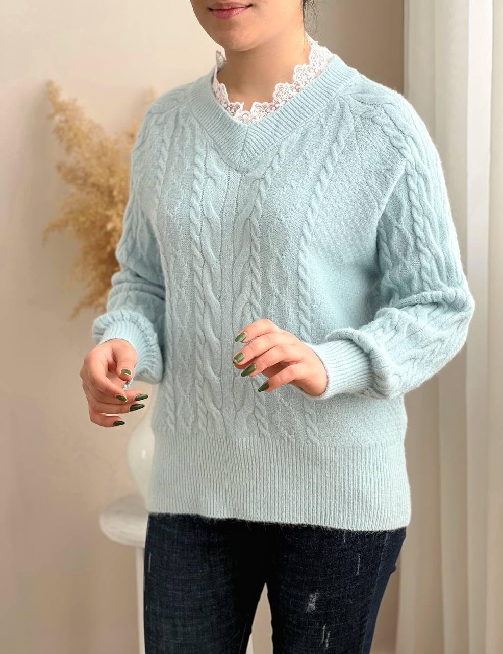 پلیور بافت زنجیری یقه گیپور کد 2299