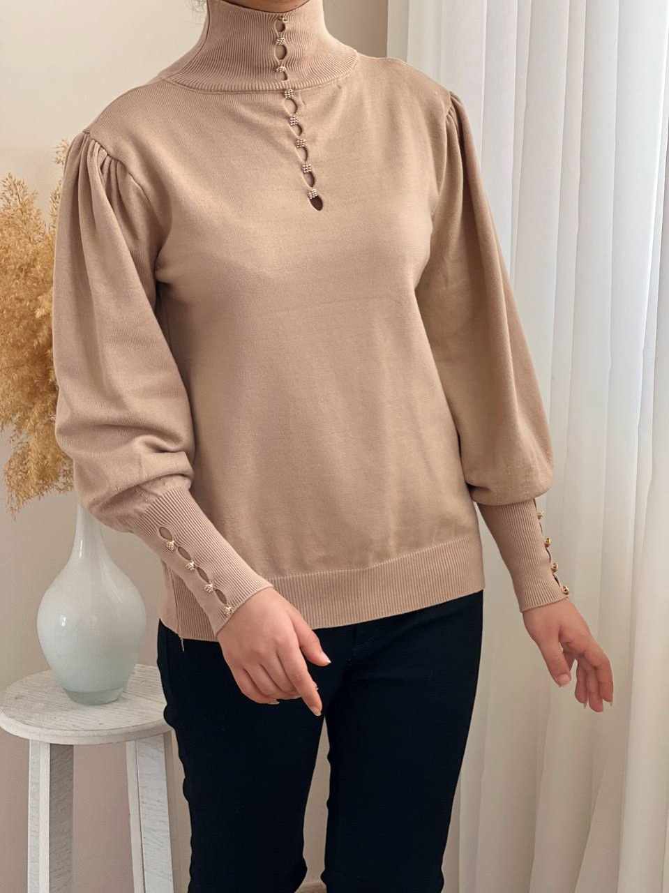 پلیور بافت آستین پف تکرنگ کرم کد 2326