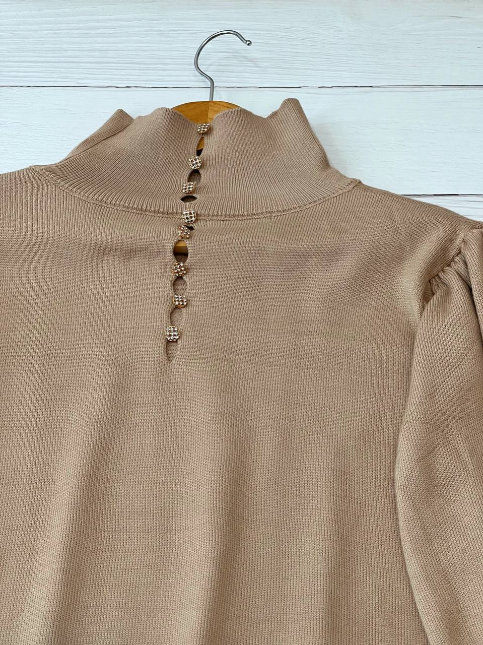 پلیور بافت آستین پف تکرنگ کرم کد 2326