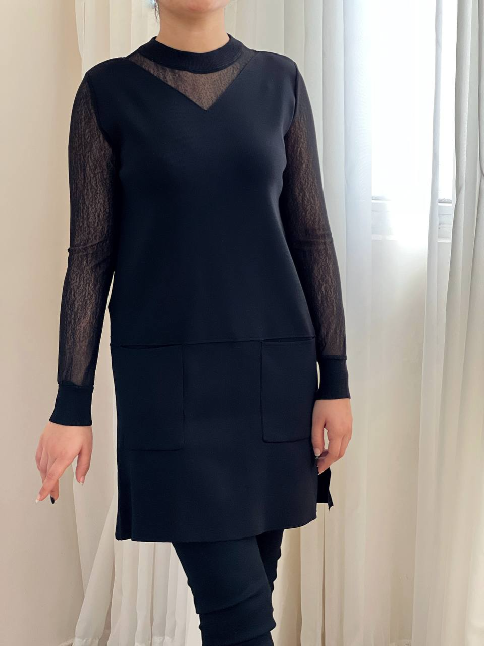 پیراهن بافت آستین و یقه تور کد 2367