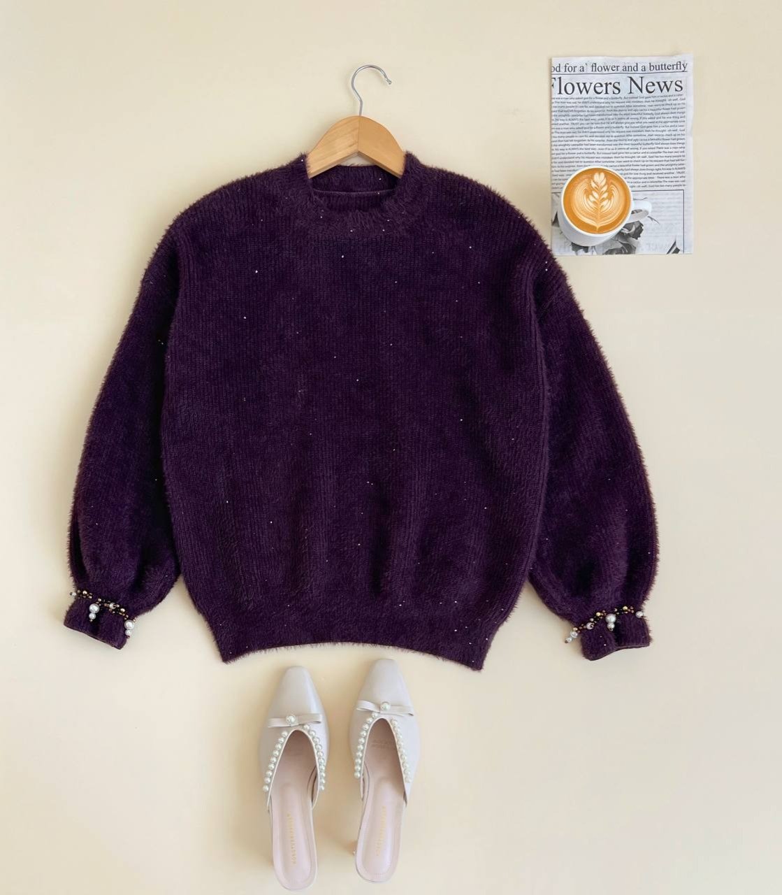 پلیور موهر دار سر آستین مروارید کد 2398