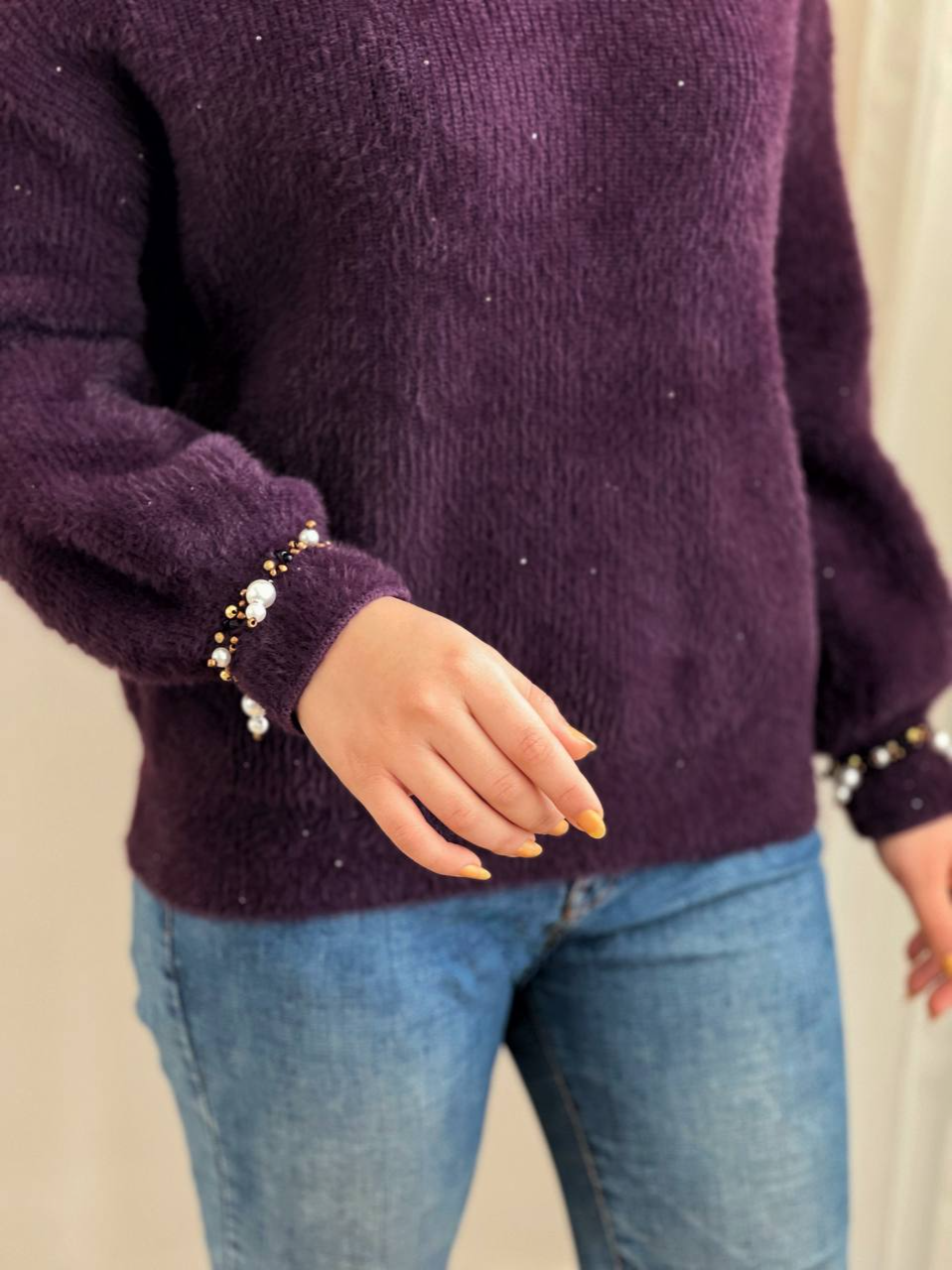 پلیور موهر دار سر آستین مروارید کد 2398