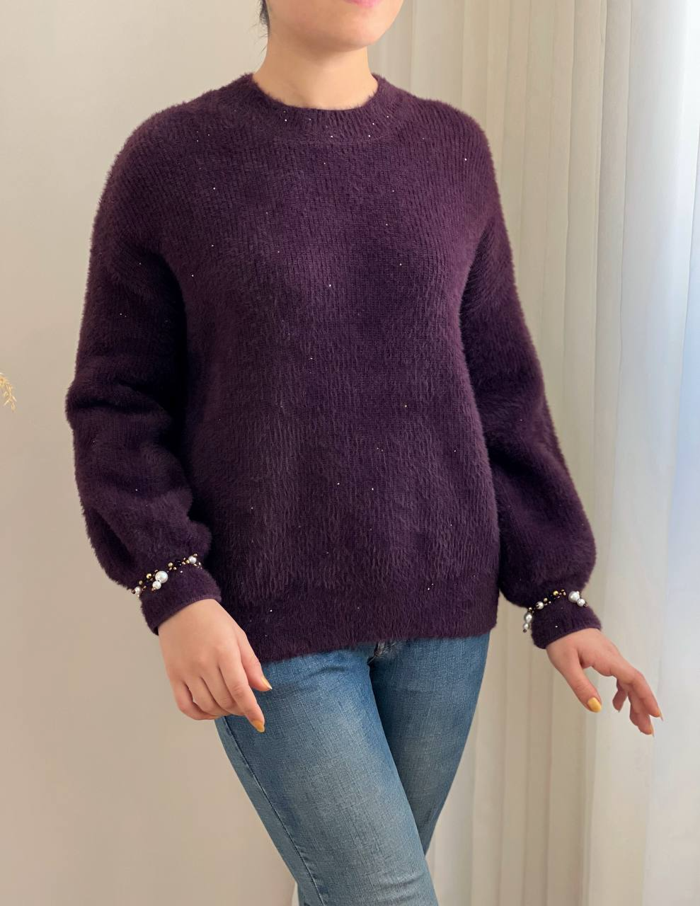 پلیور موهر دار سر آستین مروارید کد 2398