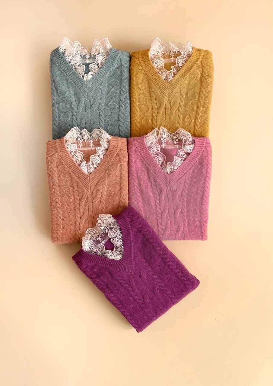 پلیور بافت زنجیری یقه گیپور کد 2437