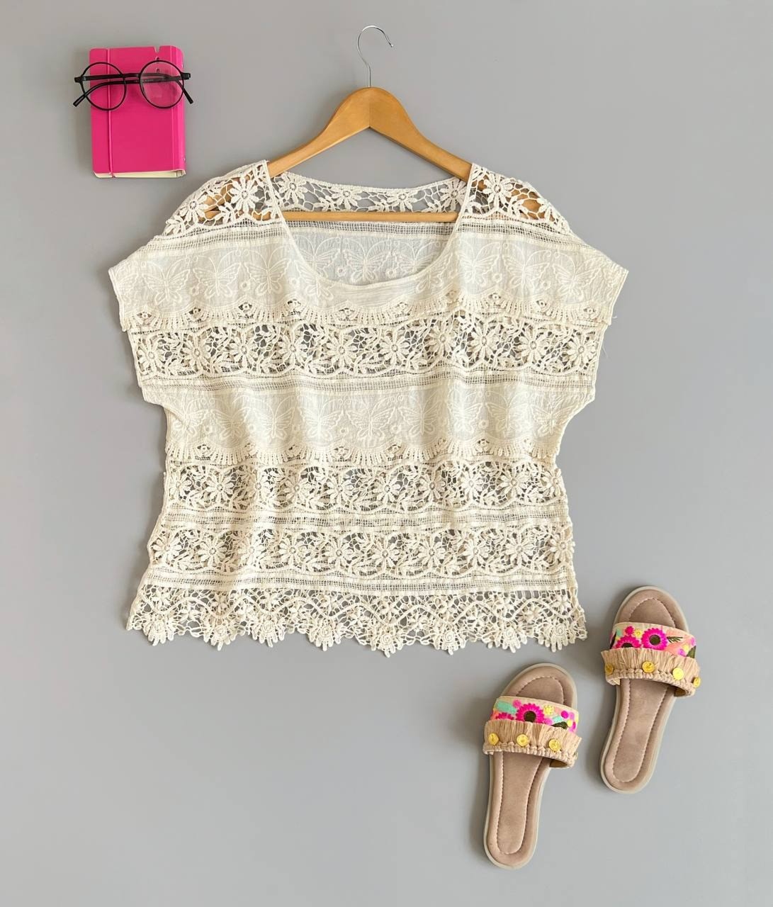 شومیز گیپور قلاب بافی آستین کیمونو کد 2557