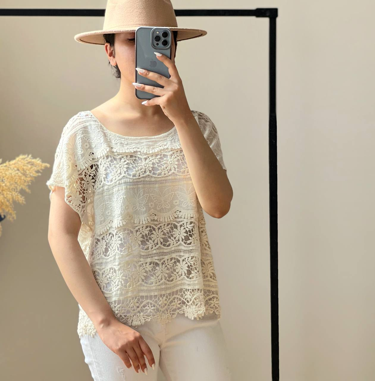 شومیز گیپور قلاب بافی آستین کیمونو کد 2557