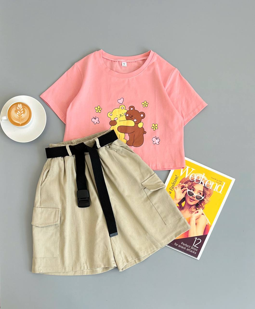 ست کراپ و شلوارک کتان کد 2641