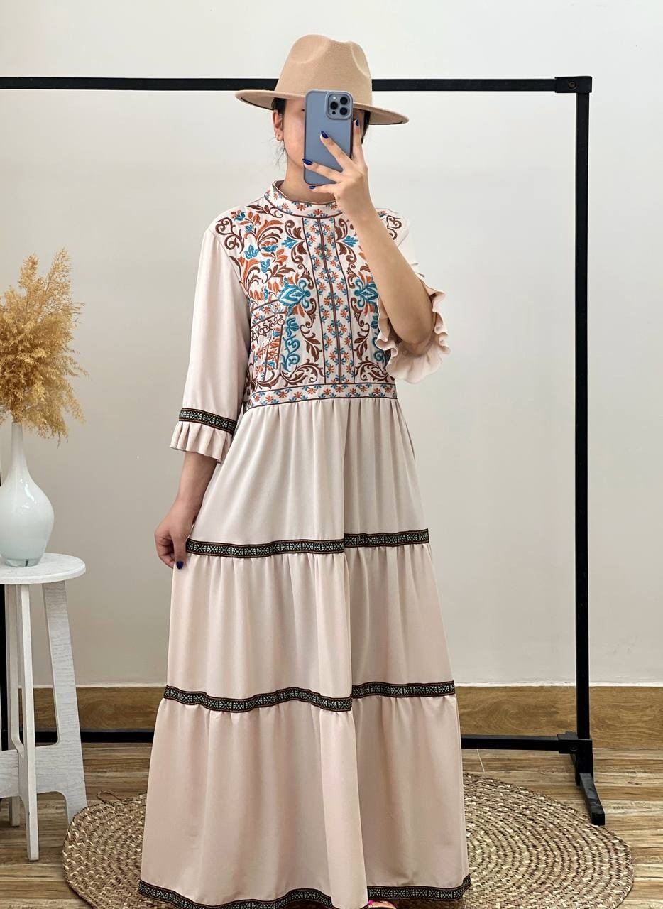 پیراهن کتان نخ تمام گلدوزی کد 2673