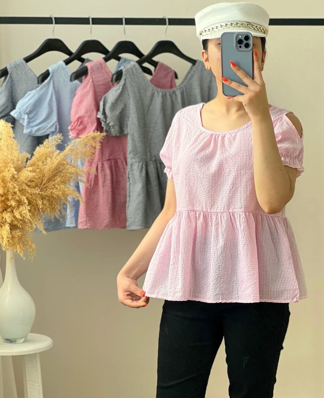 شومیز چهار خونه ریز سرشونه باز کد 2698