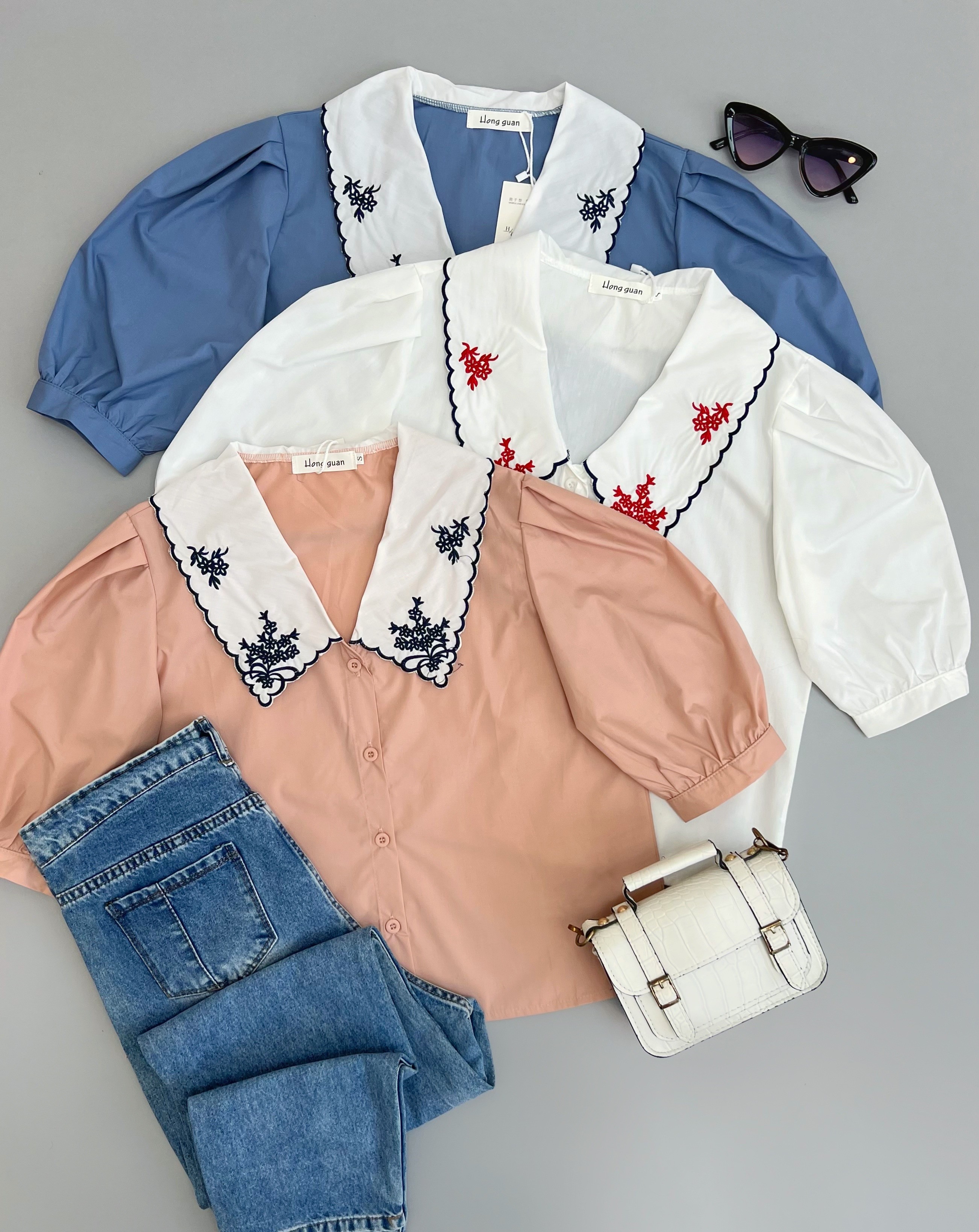 شومیز یقه گلدوزی استین پف کد 2786