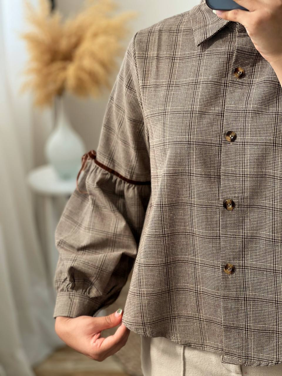 شومیز چهار خونه آستین پف کد 2828