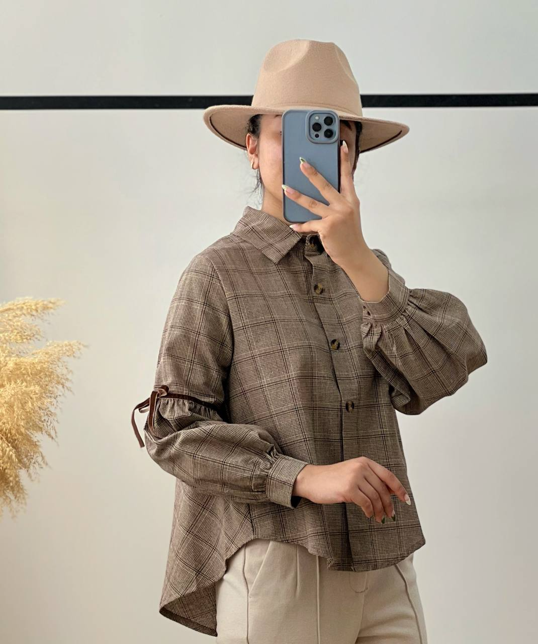 شومیز چهار خونه آستین پف کد 2828