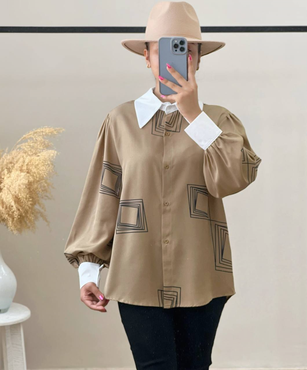 شومیز طرح هندسی آستین پف کد 2860