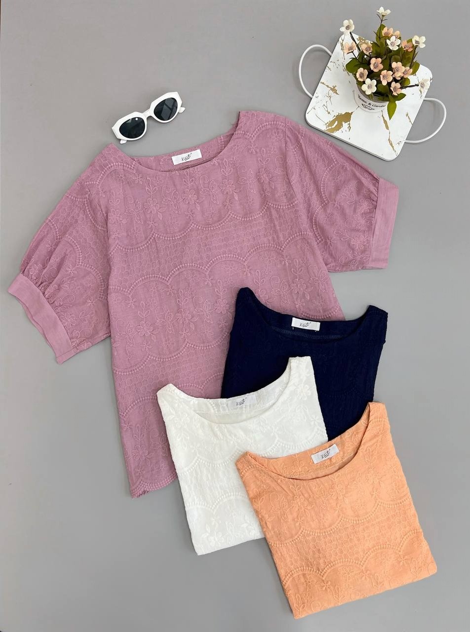 شومیز تمام خامه دوزی آستین پف 2 کد 2864