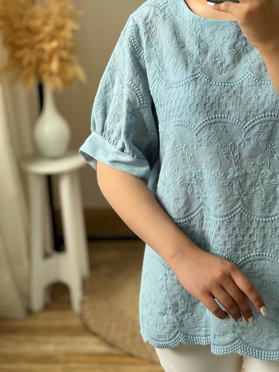 شومیز تمام خامه دوزی آستین پف 2 کد 2864