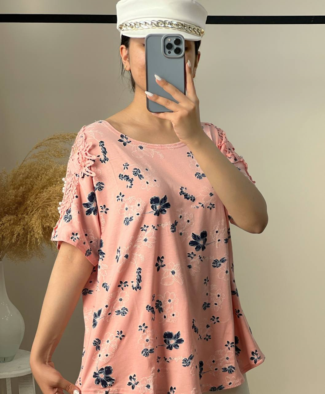 تیشرت سرشانه گیپور مرواریدی کد 2905