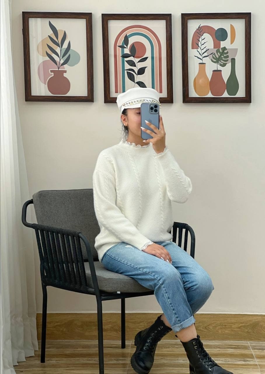 پلیور بافت موهر یقه و سر آستین گیپور کد 2947