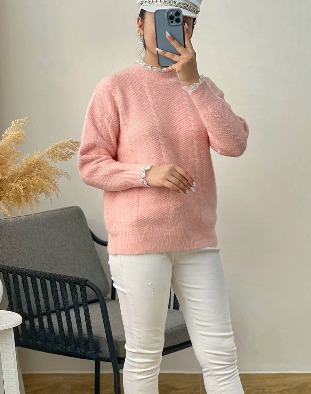 پلیور بافت موهر یقه و سر آستین گیپور کد 2947