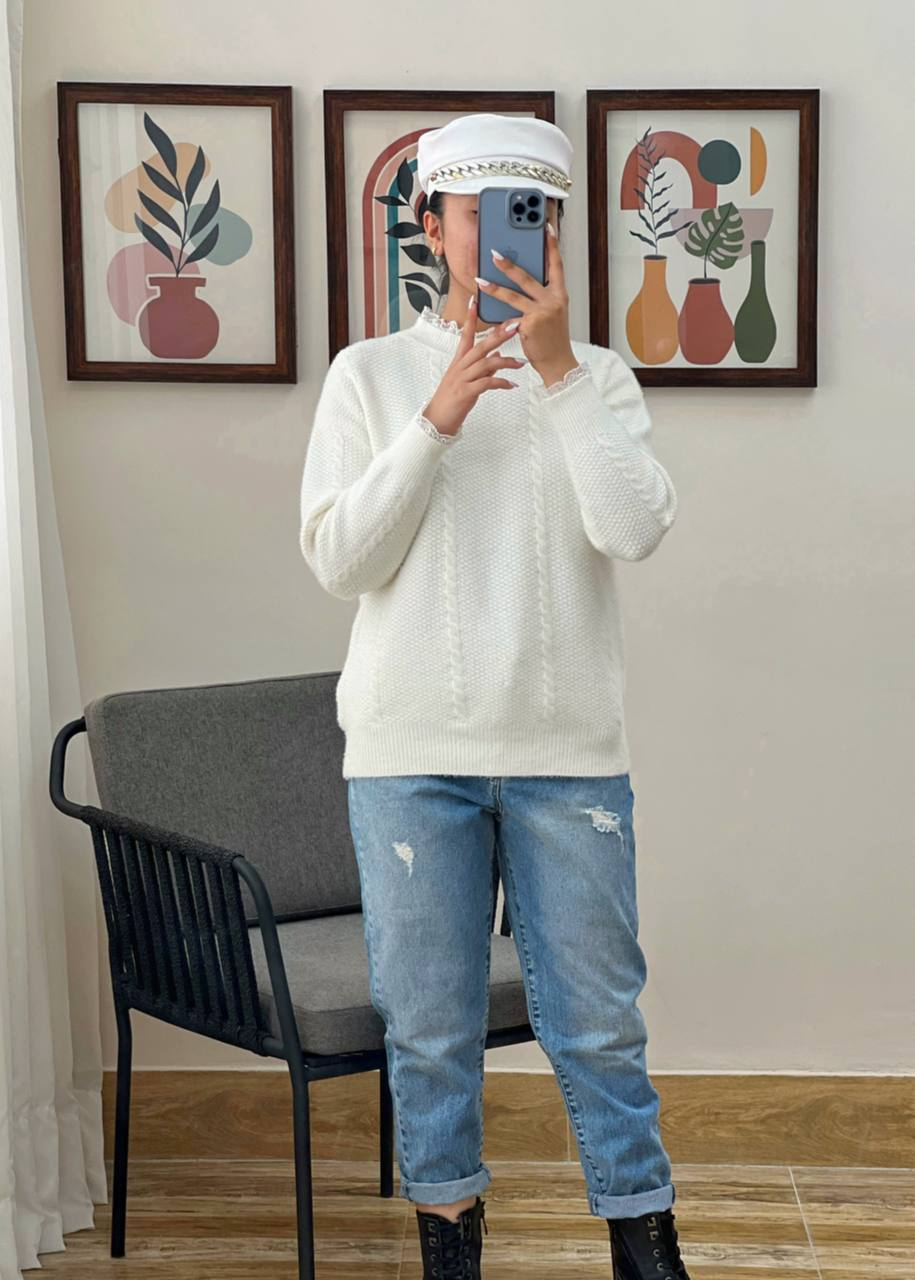 پلیور بافت موهر یقه و سر آستین گیپور کد 2947