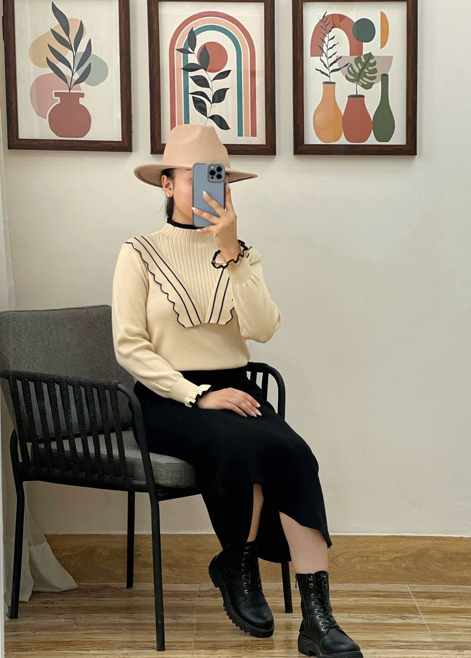 پلیور بافت آستین مچی چین دار کد 3014