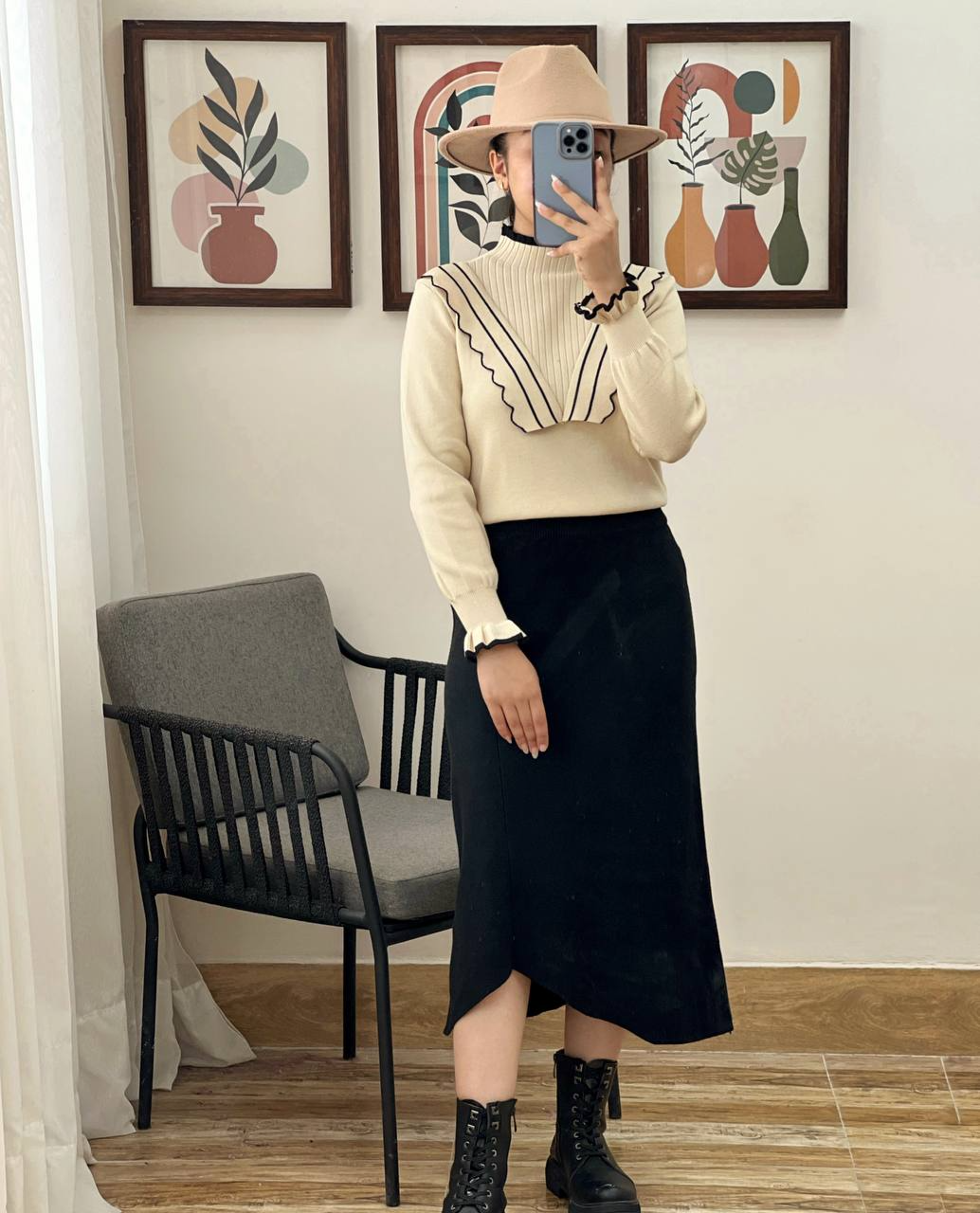 پلیور بافت آستین مچی چین دار کد 3014