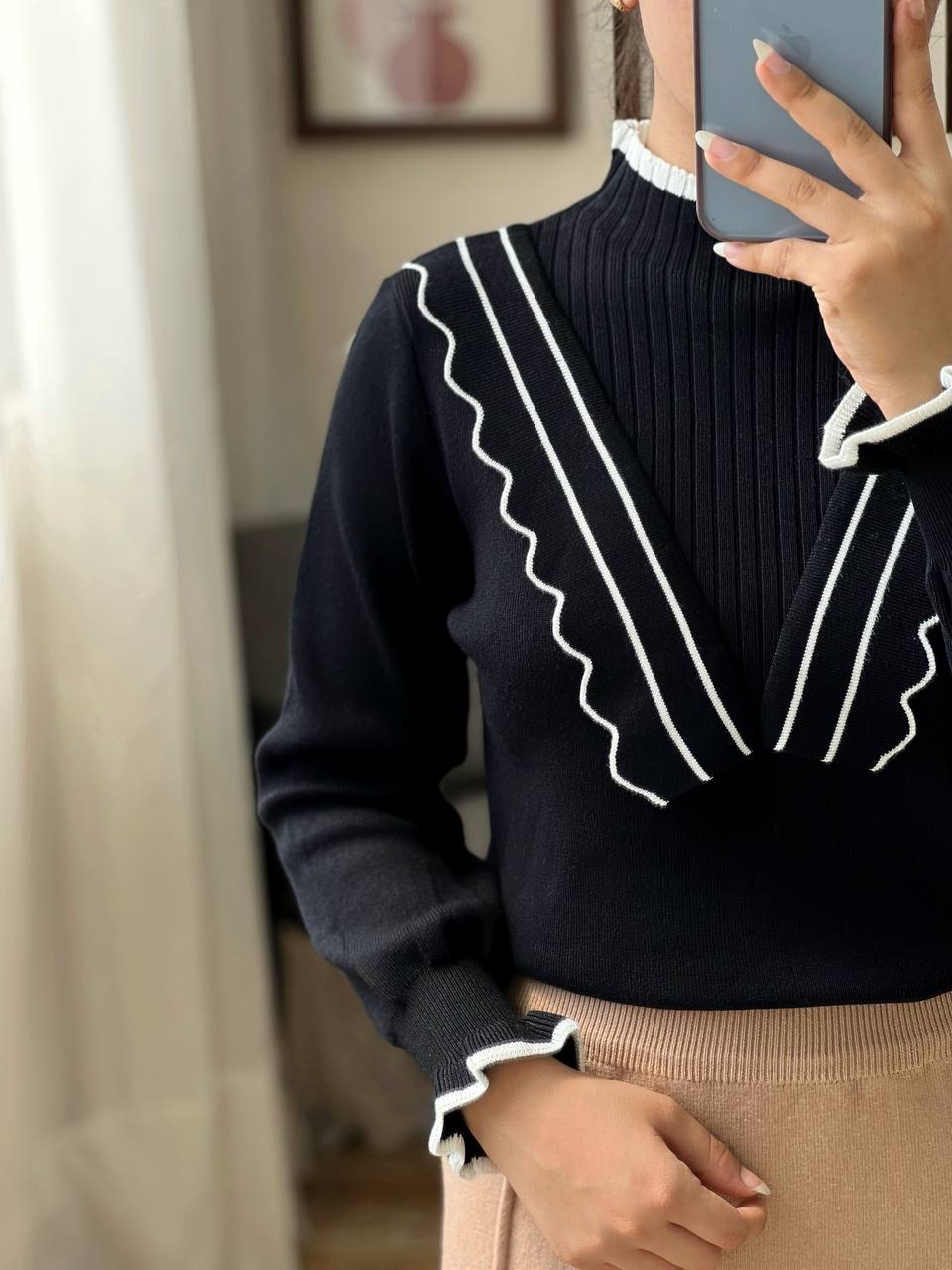 پلیور بافت آستین مچی چین دار کد 3014