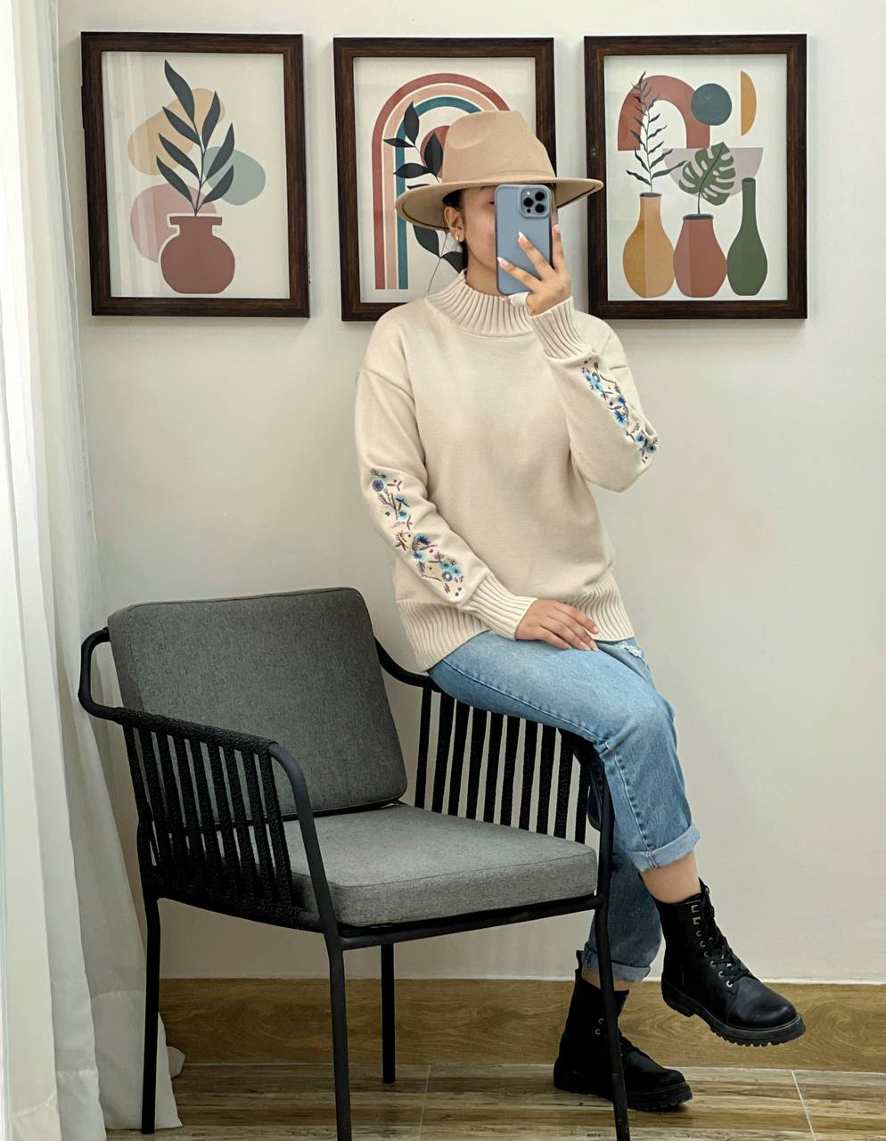 پلیور بافت آستین گلدوزی کد 3017