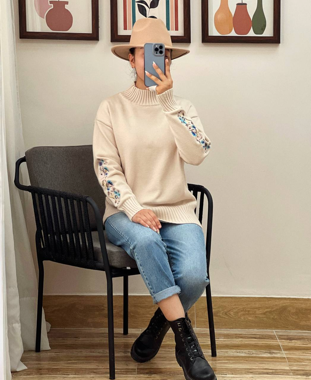 پلیور بافت آستین گلدوزی کد 3017